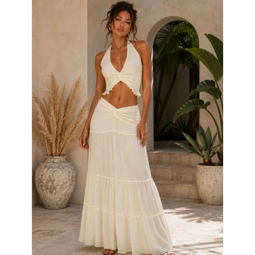NWT Ivory Sheer Halter Crop Top Maxi Skirt Set Size Small Y2K Resort